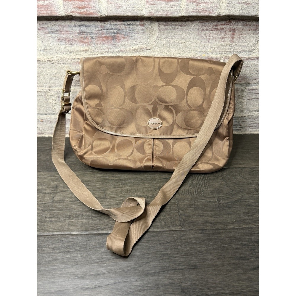 Coach F77490 Signature Tan‎ Metallic Bronze Nylon Leather Messenger Bag Y2K